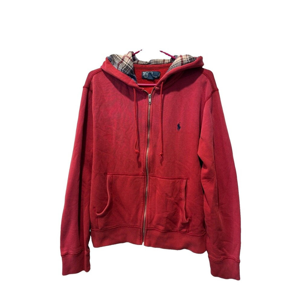 Polo Ralph Lauren Zip Hoodie L Faded Red Orange  Plaid Lined Hood Vintage 90s